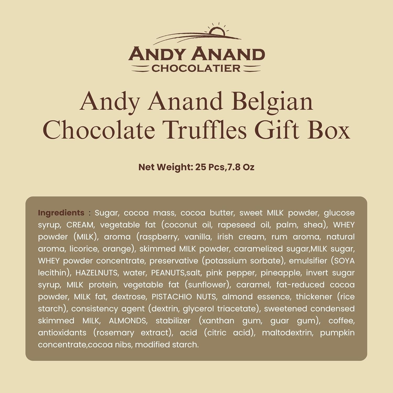 Andy Anand Belgian Chocolate Truffles Gift Box (25 pc, 7.8 oz) | Gourmet Bonbon Ganache, 60% Cocoa Butter | Local SoCal Chocolatier