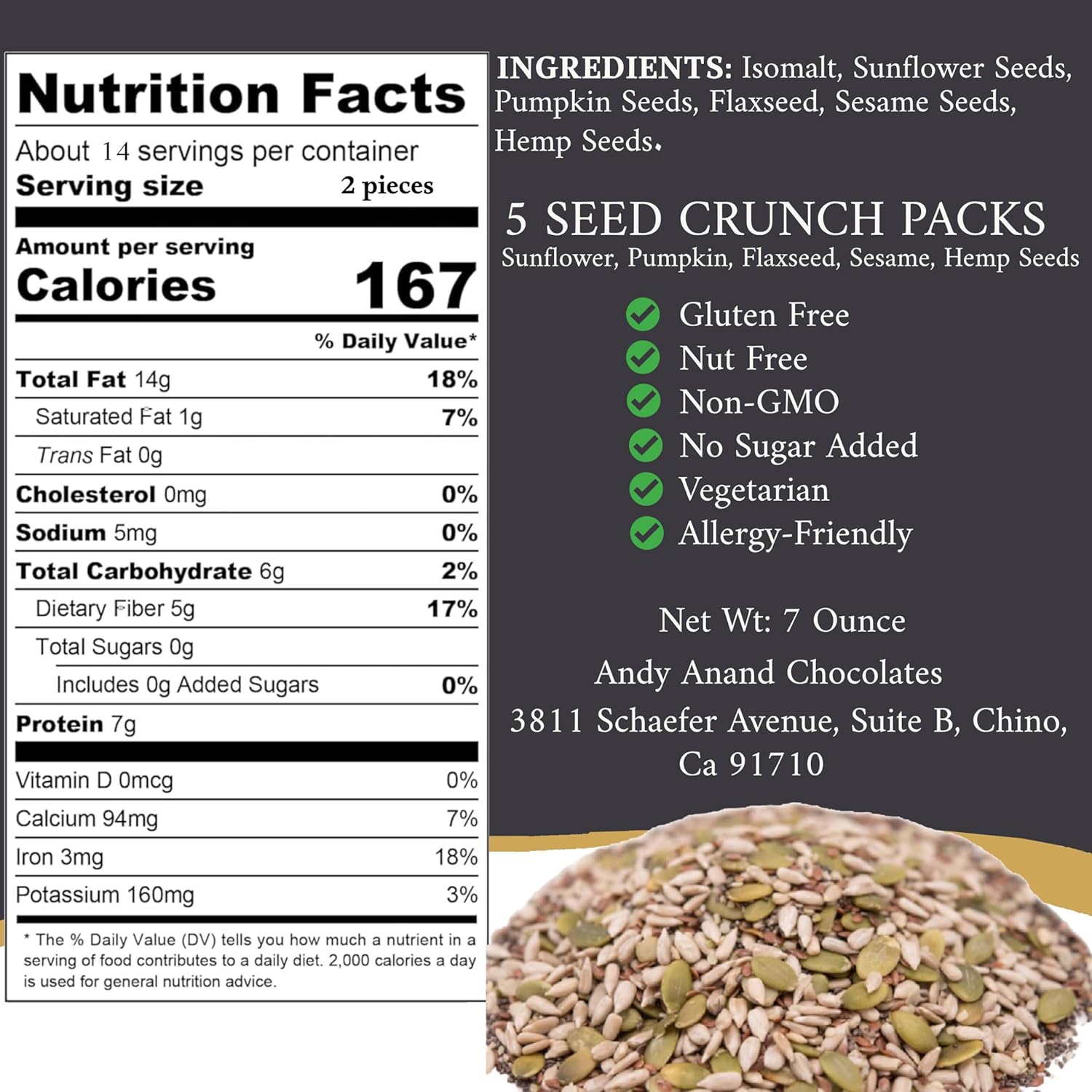 Andy Anand Sugar-Free 5-Seed Crunch Snack Packs (14 ct, 7 oz) | Gluten-Free Nut-Free Trail Mix | Local SoCal Bakery