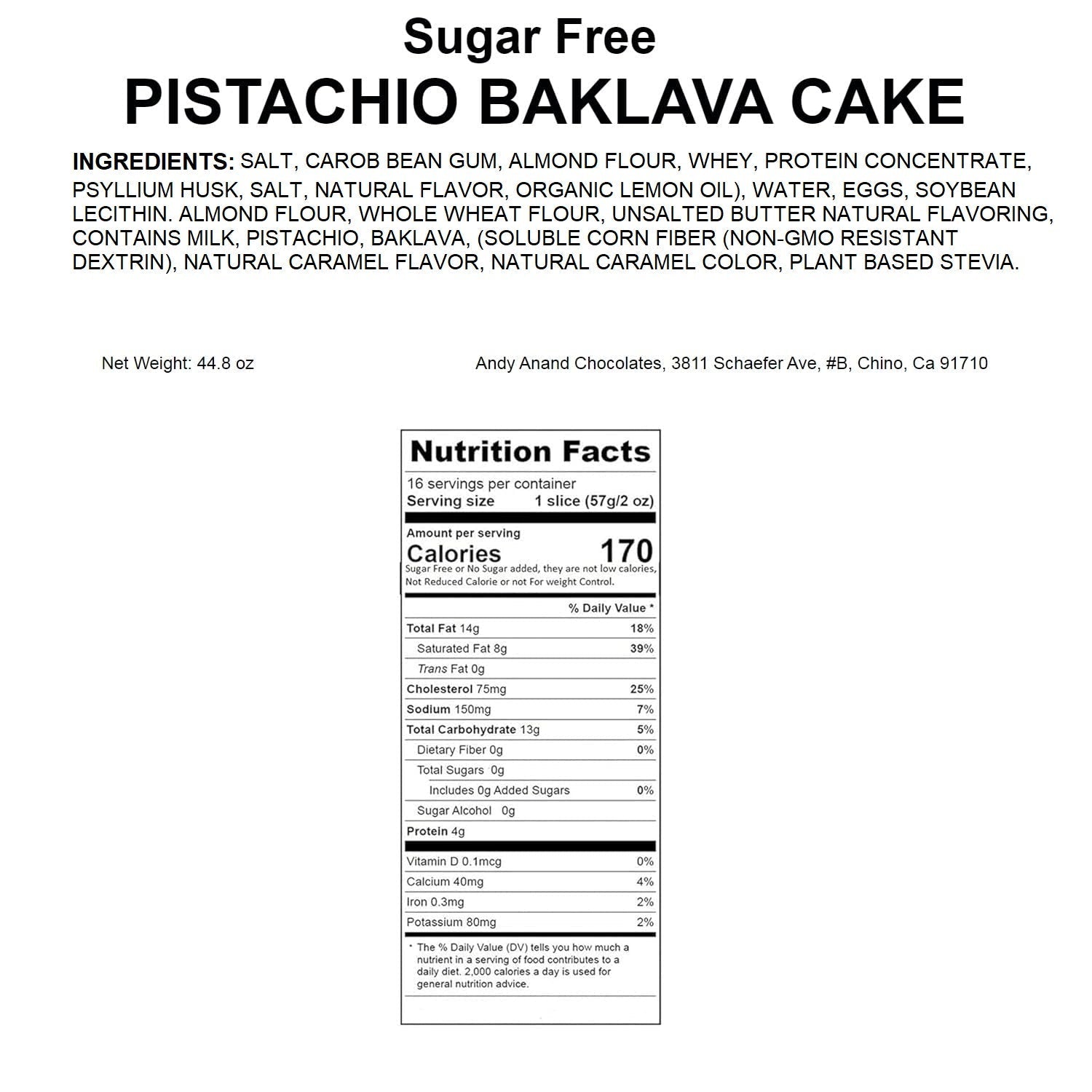 Andy Anand Sugar-Free Baklava Pistachio Cake, 9-Inch, 2.8 lb – Turkish & California Fusion, Keto, Diabetic-Friendly Birthday Gift Box