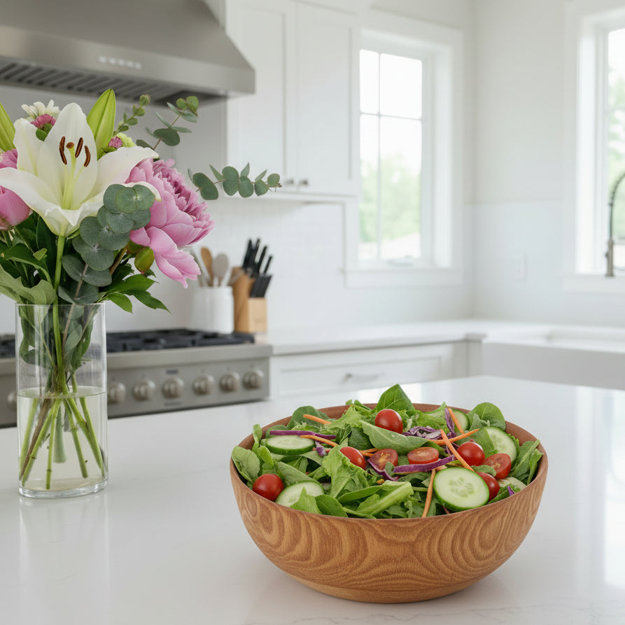 Wooden bowl with a textured surface on a white background