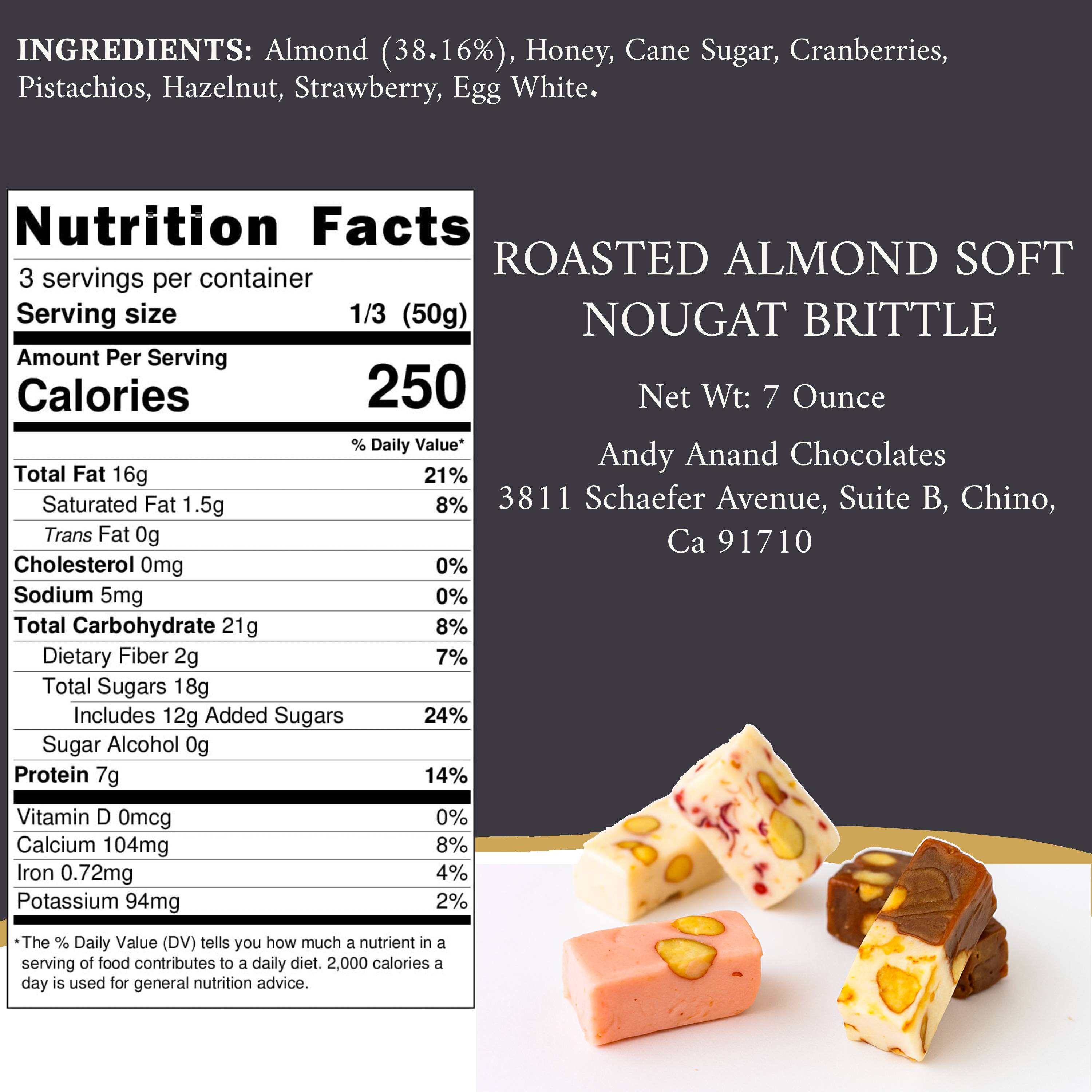 Andy Anand Roasted Almond Soft Nougat Brittle, 28 pc, 7 oz – European Turron Style, Gluten-Free, All-Natural, Birthday & Holiday Gift Box