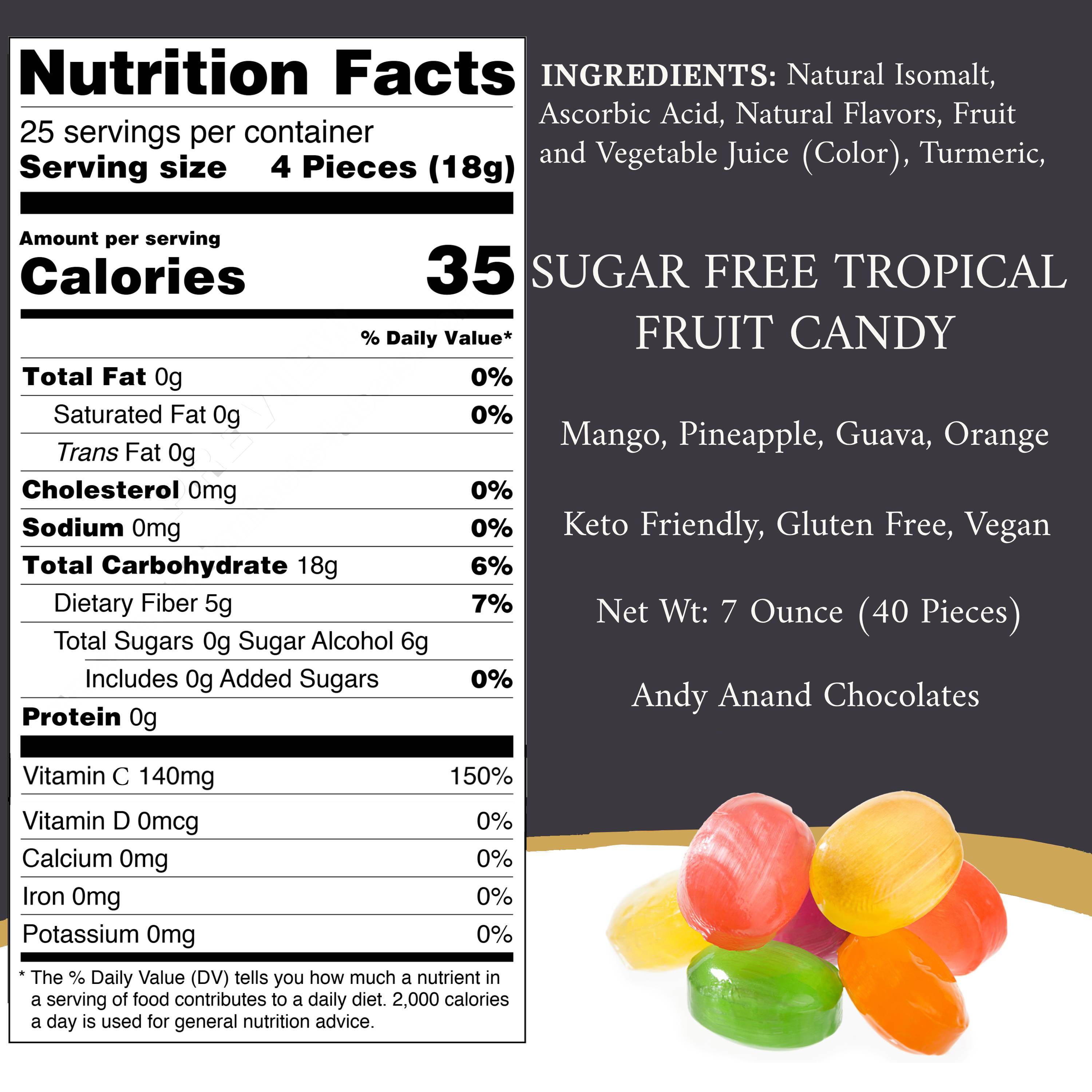 Andy Anand Sugar-Free Tropical Fruit Hard Candy with Vitamin C (40 ct, 7 oz) | Low-Calorie, Keto, Gluten-Free | Local SoCal Bakery