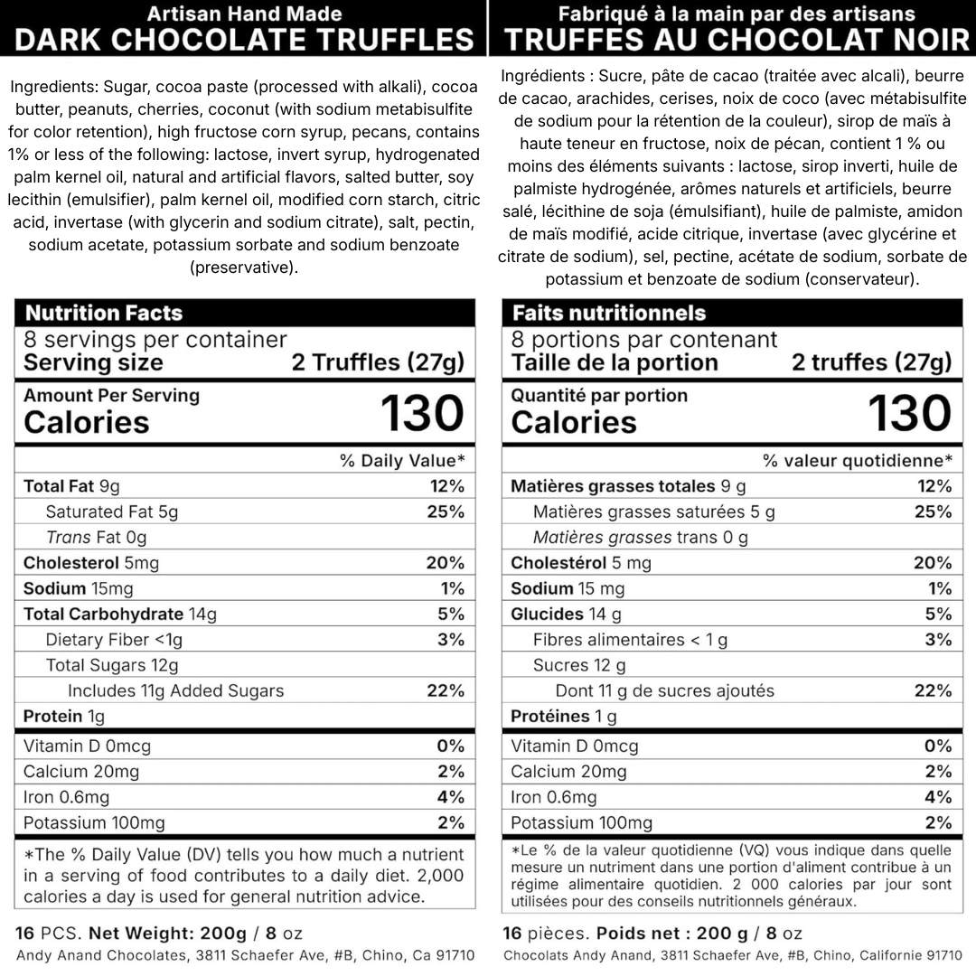 Andy Anand Belgian Dark Chocolate Liqueur-Style Truffles (16 pc, 8 oz) | Champagne, Rum, Amaretto, Black Forest | Local SoCal Chocolatier
