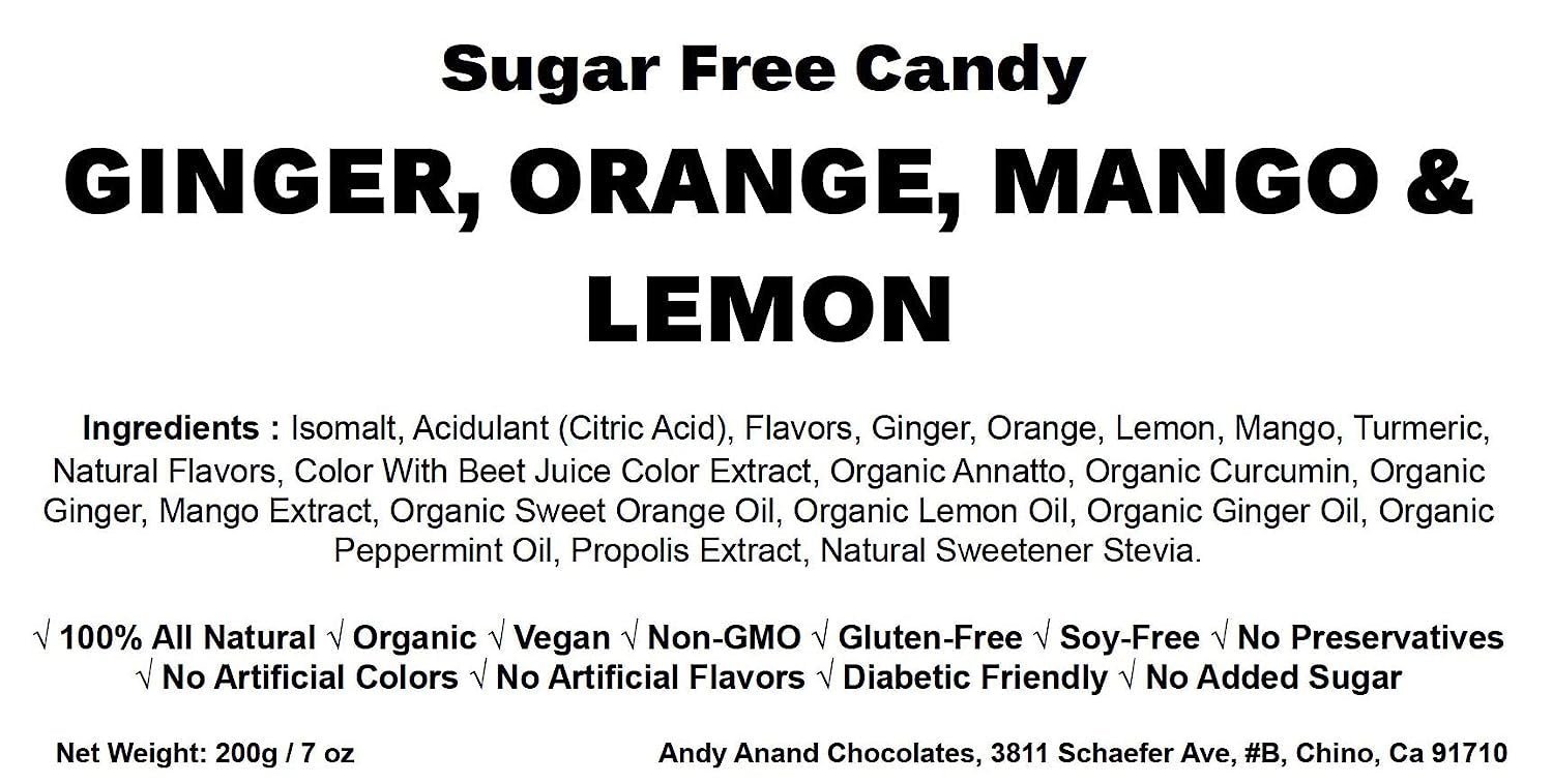 Andy Anand Sugar-Free Italian Ginger Candy, 55 pc, 7 oz – Orange, Mango & Lemon Flavors, Made in Italy, Keto & Diabetic-Friendly Gift Box