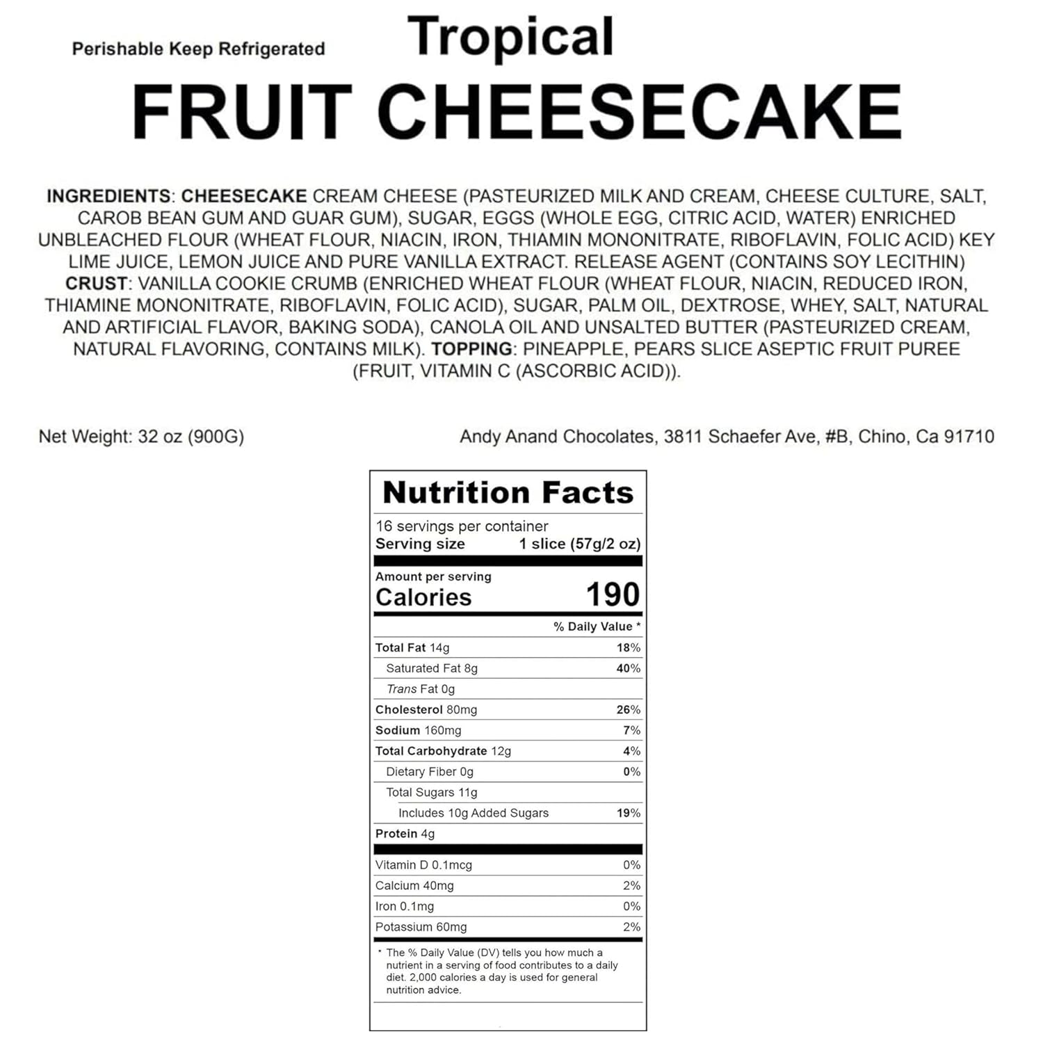 Andy Anand Tropical Fruit Cheesecake (2 lbs) | Pineapple, Pears, Peach Glaze | Local SoCal Bakery