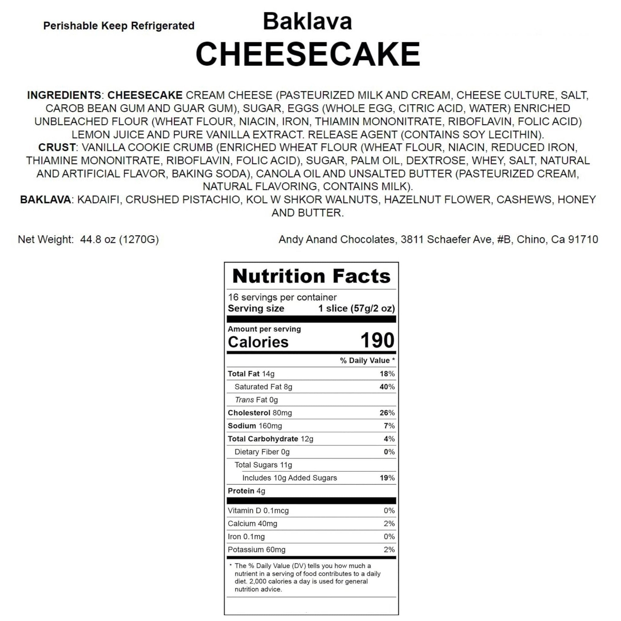 Andy Anand Baklava Cheesecake (9-inch, 2.8 lbs) | Hand-Baked Bakery Cheesecake | Local SoCal Bakery