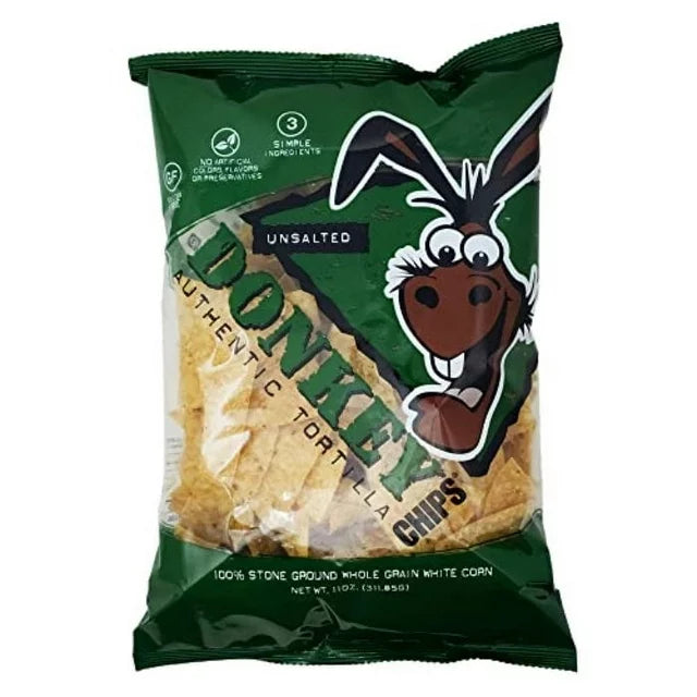 Donkey Chips Unsalted Tortilla Chips, 11 oz (Case of 12)