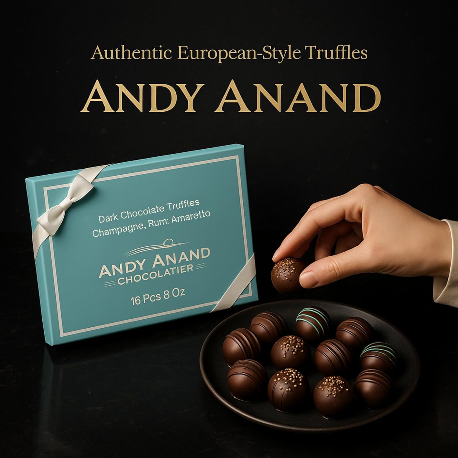 Andy Anand Belgian Dark Chocolate Liqueur-Style Truffles (16 pc, 8 oz) | Champagne, Rum, Amaretto, Black Forest | Local SoCal Chocolatier