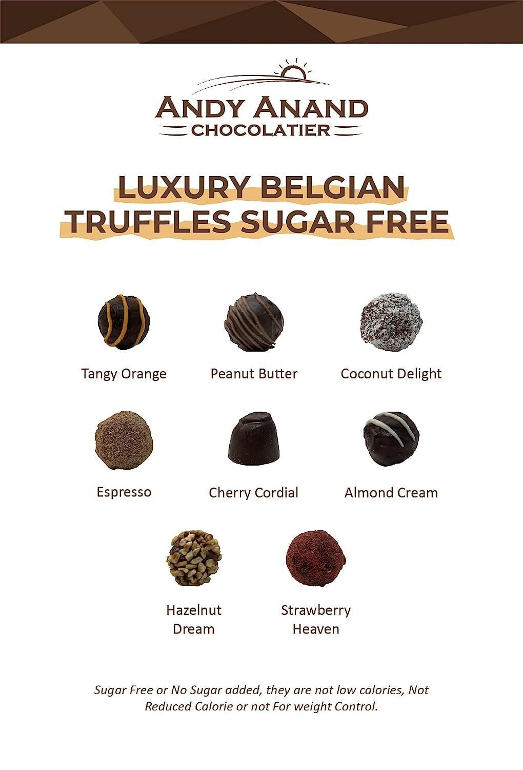 Andy Anand Sugar-Free Belgian Chocolate Truffles, 24 pc, 60% Cacao – Espresso, Hazelnut, Strawberry, Coconut, Cherry & Orange, Keto Gift