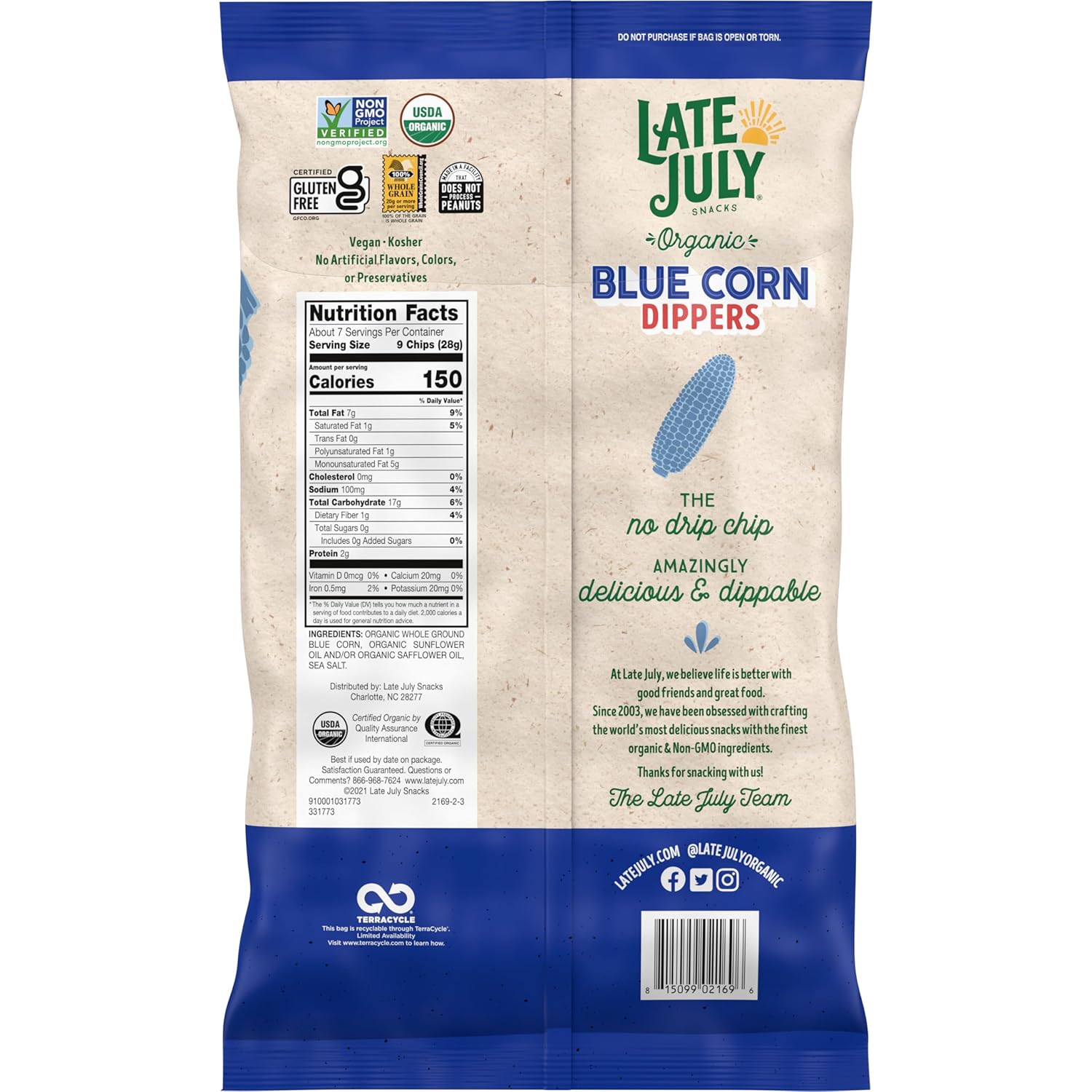 Late July Snacks Blu Corn Dippers Tortilla Chips, Pack of 9, 7.4 Oz