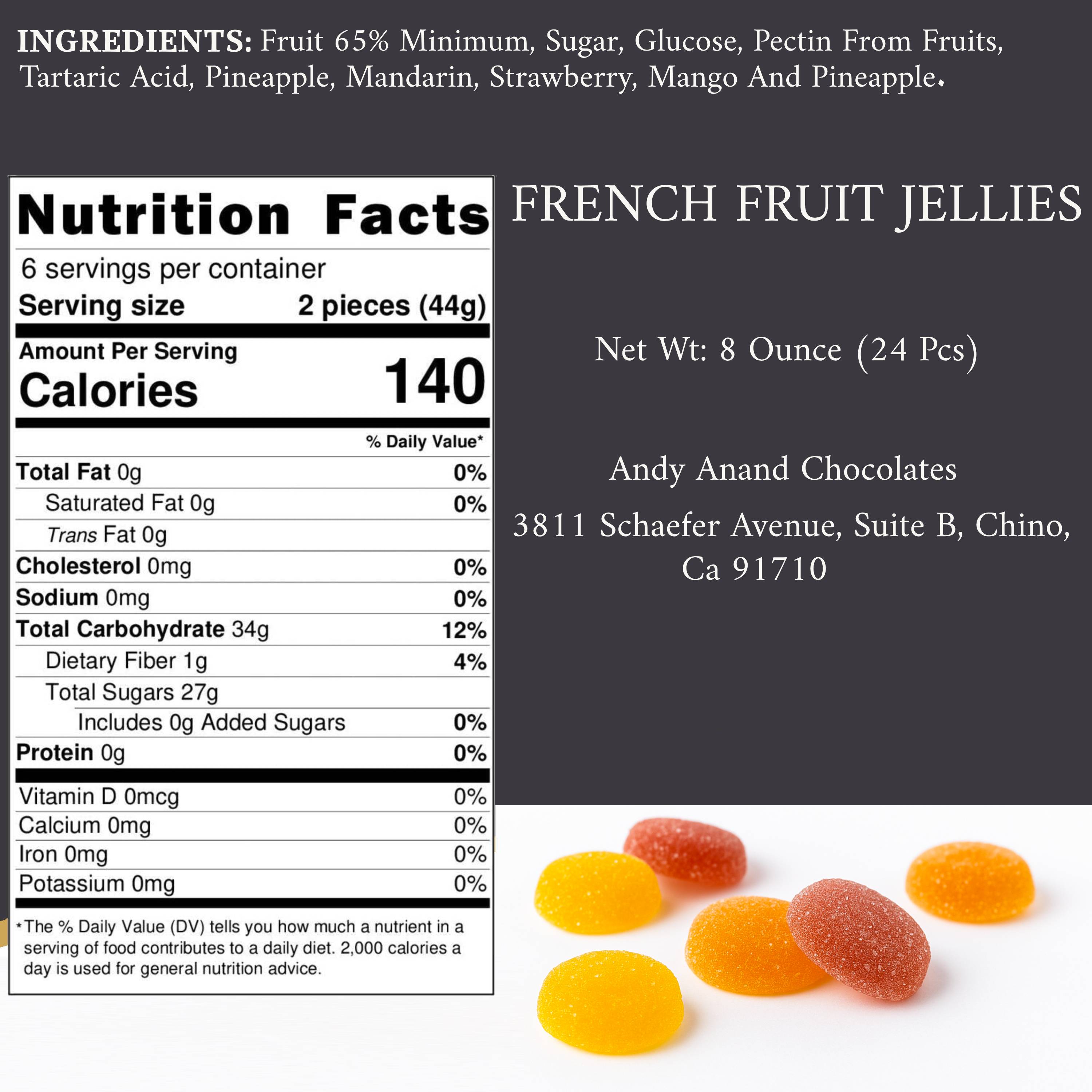 Andy Anand French Pates de Fruits Fruit Jellies, 65% Fruit, 24 pc – Imported French Confection, Natural Fruit Flavors, Gourmet Birthday & Holiday Gift