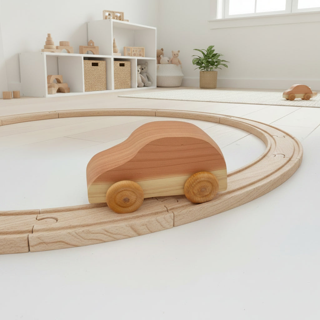 Wooden toy car on a white background