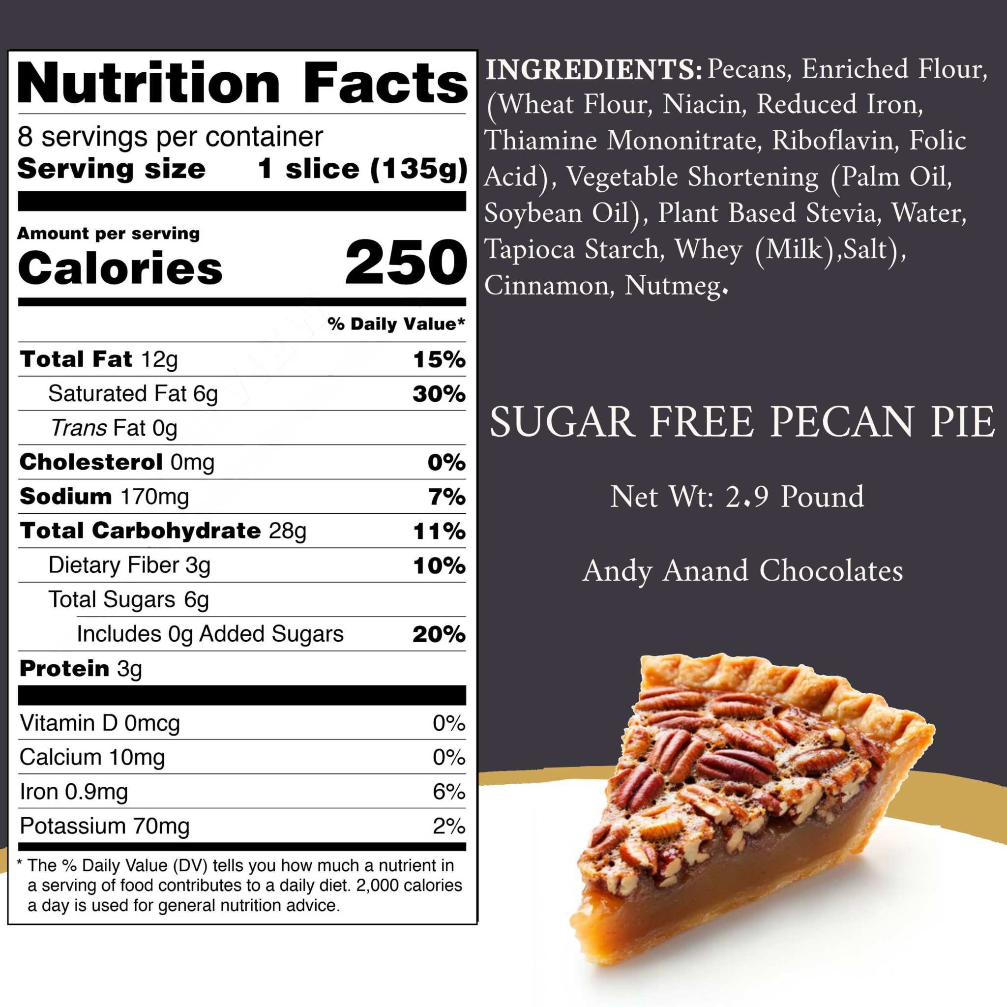 Andy Anand Sugar-Free Dark Chocolate Pecan Pie (2 lbs) | Sugar-Free & Keto Pie | Local SoCal Bakery