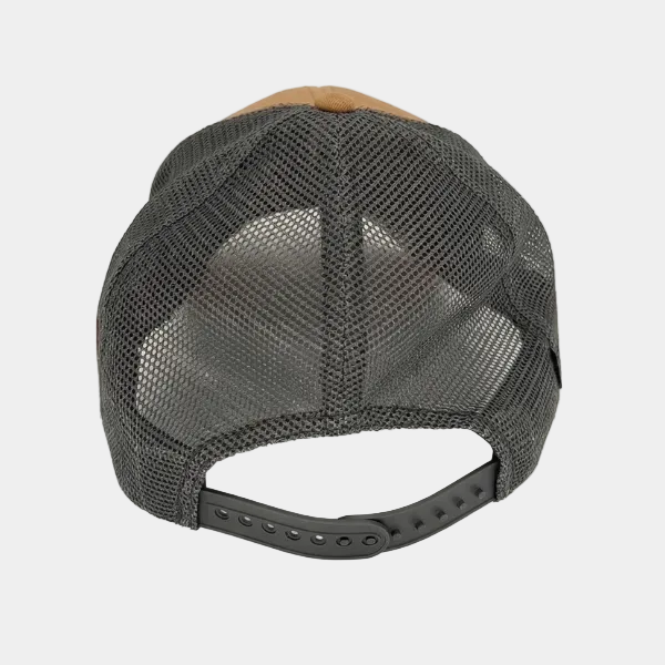 Black mesh cap with brown visor on a light gray background
