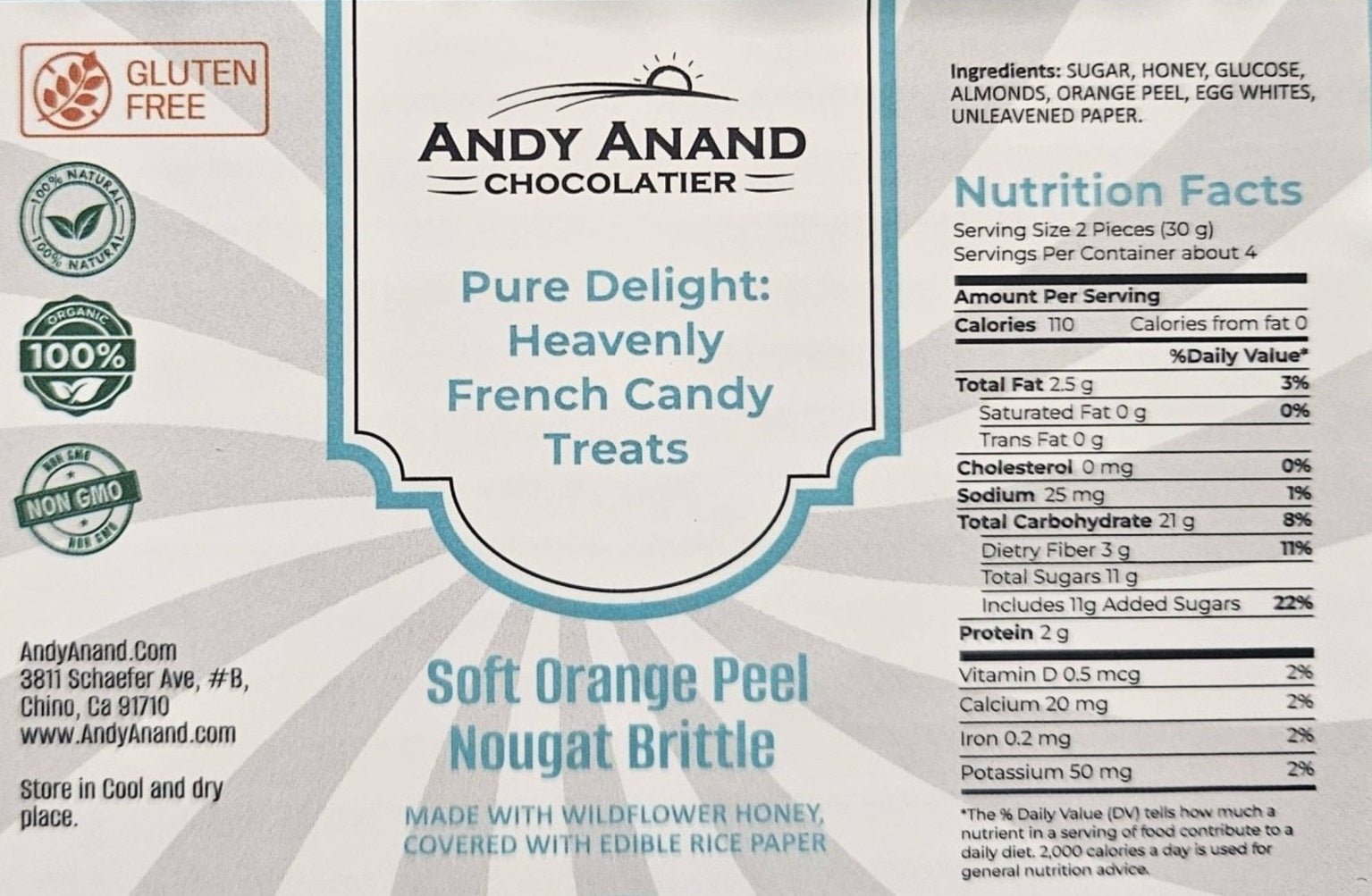 Andy Anand Orange Peel Soft Turron Nougat, 7 oz – Spanish Wildflower Honey, Gluten-Free, Artisan European Candy, Birthday & Holiday Gift Box