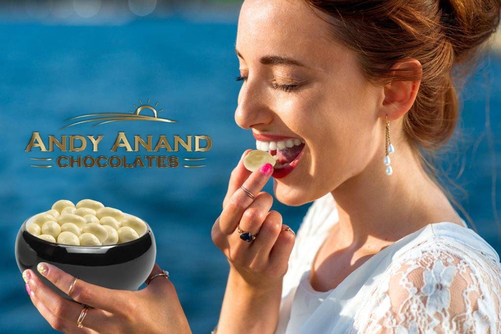 Andy Anand Greek Yogurt White Chocolate Covered Almonds, 1 lb – Sweet Creamy Coated Crunchy Nut Snack, Gourmet Gift for Birthday & Special Occasions