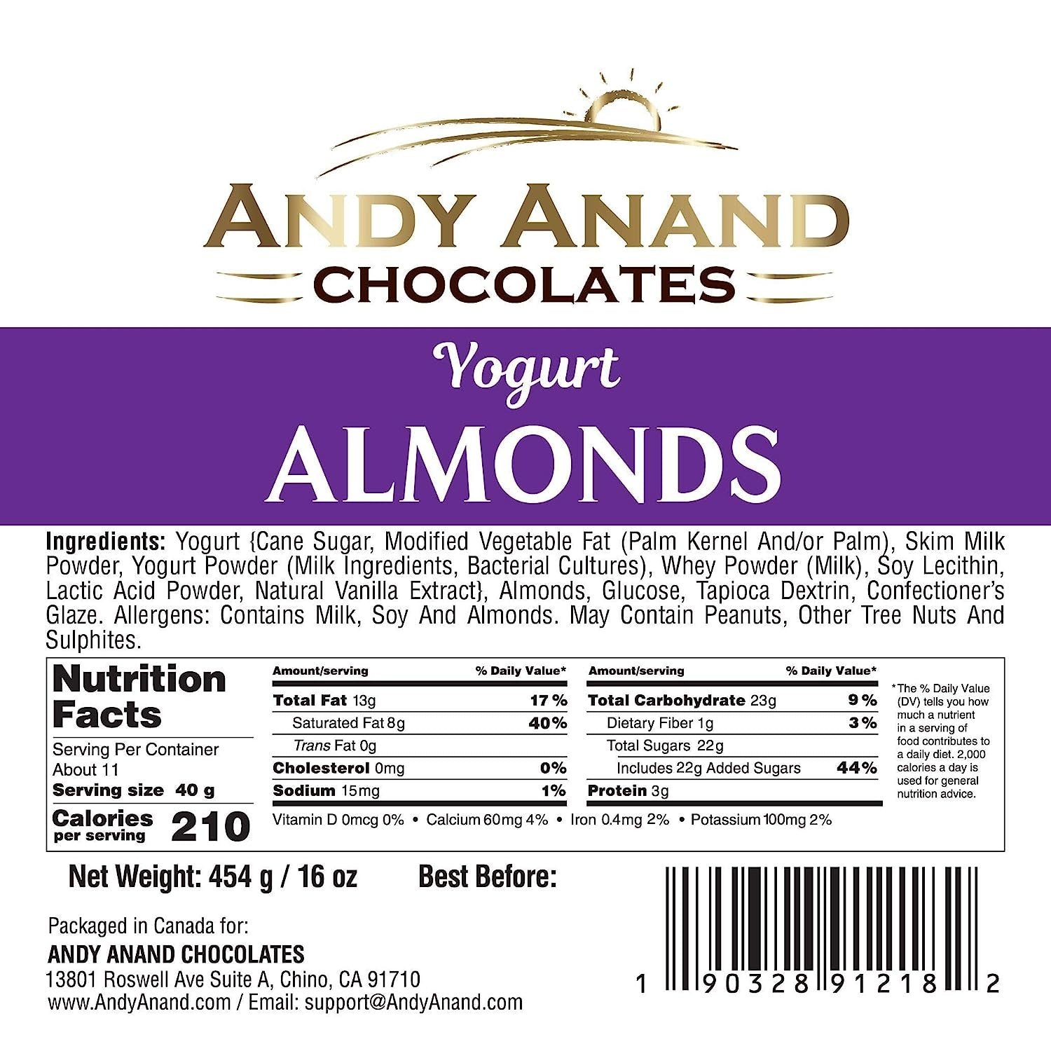 Andy Anand Greek Yogurt Covered Almonds, 1 lb – Sweet Creamy Coated Crunchy Nut Snack, Gourmet Gift for Birthday & Special Occasions